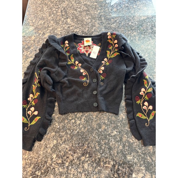 FARM Rio Sweaters - Farm Rio Embroidered Ruffle Sleeve Cropped Cardigan Sweater XS Floral NWT